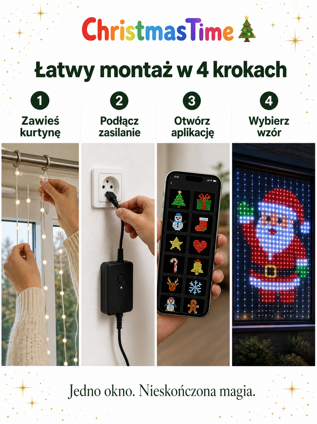 Łatwy montaż kurtyny LED ChristmasTime w 4 krokach